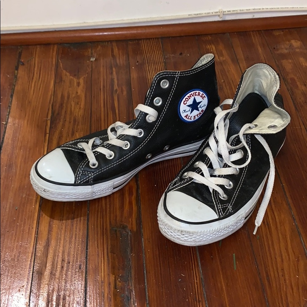 Black leather high top converses
